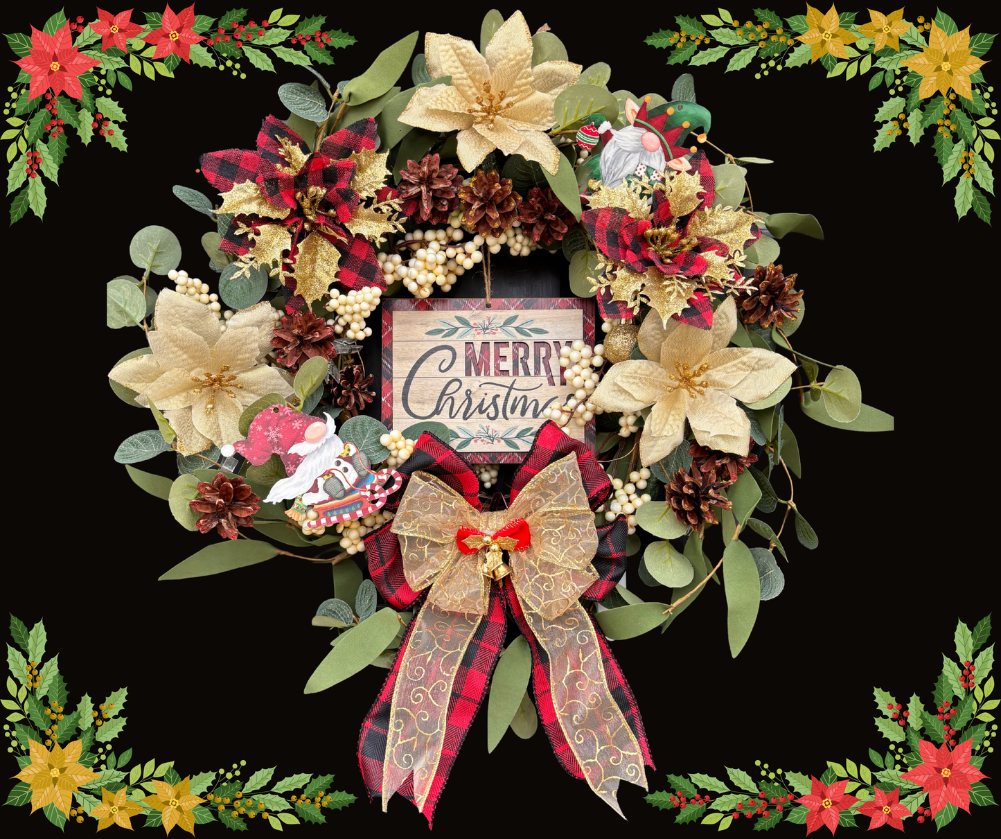 Christmas Interchangeable DIY Wreath Kit – Removable Ornament Clips, Matching Buffalo Plaid Bow, Gold/Red Plaid Poinsettias & Space-Saving Year-Round Design