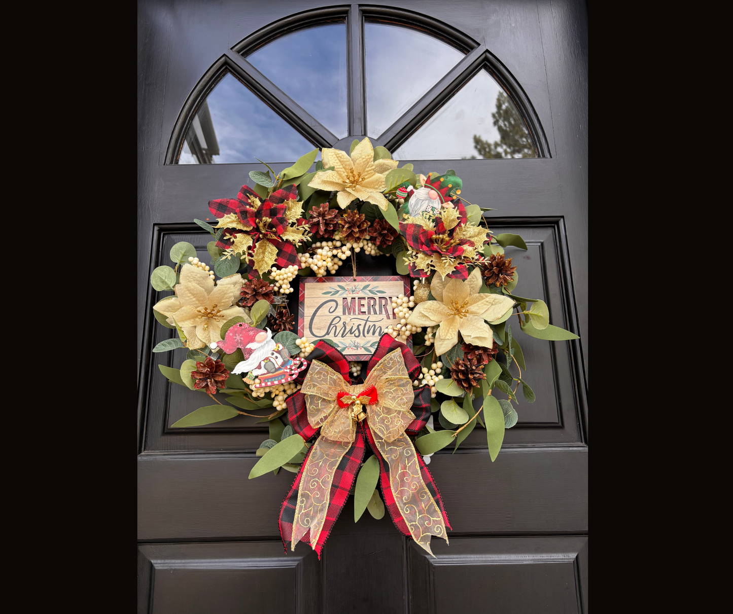 Christmas Interchangeable DIY Wreath Kit – Removable Ornament Clips, Matching Buffalo Plaid Bow, Gold/Red Plaid Poinsettias & Space-Saving Year-Round Design