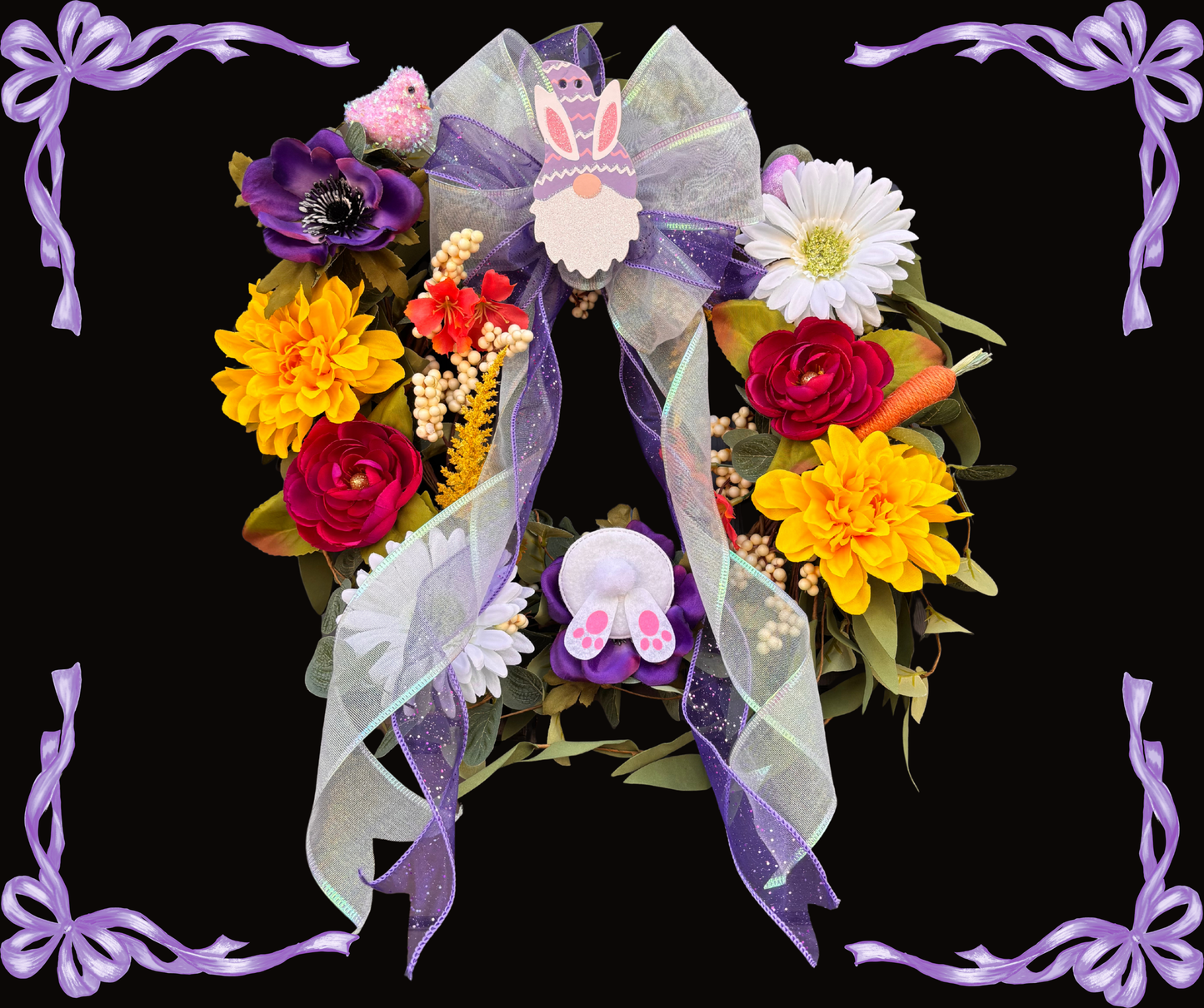 Speedy DIY Flower Wreath Kit Featuring Huge Double Layer Bow with Bonus Easter Decorations