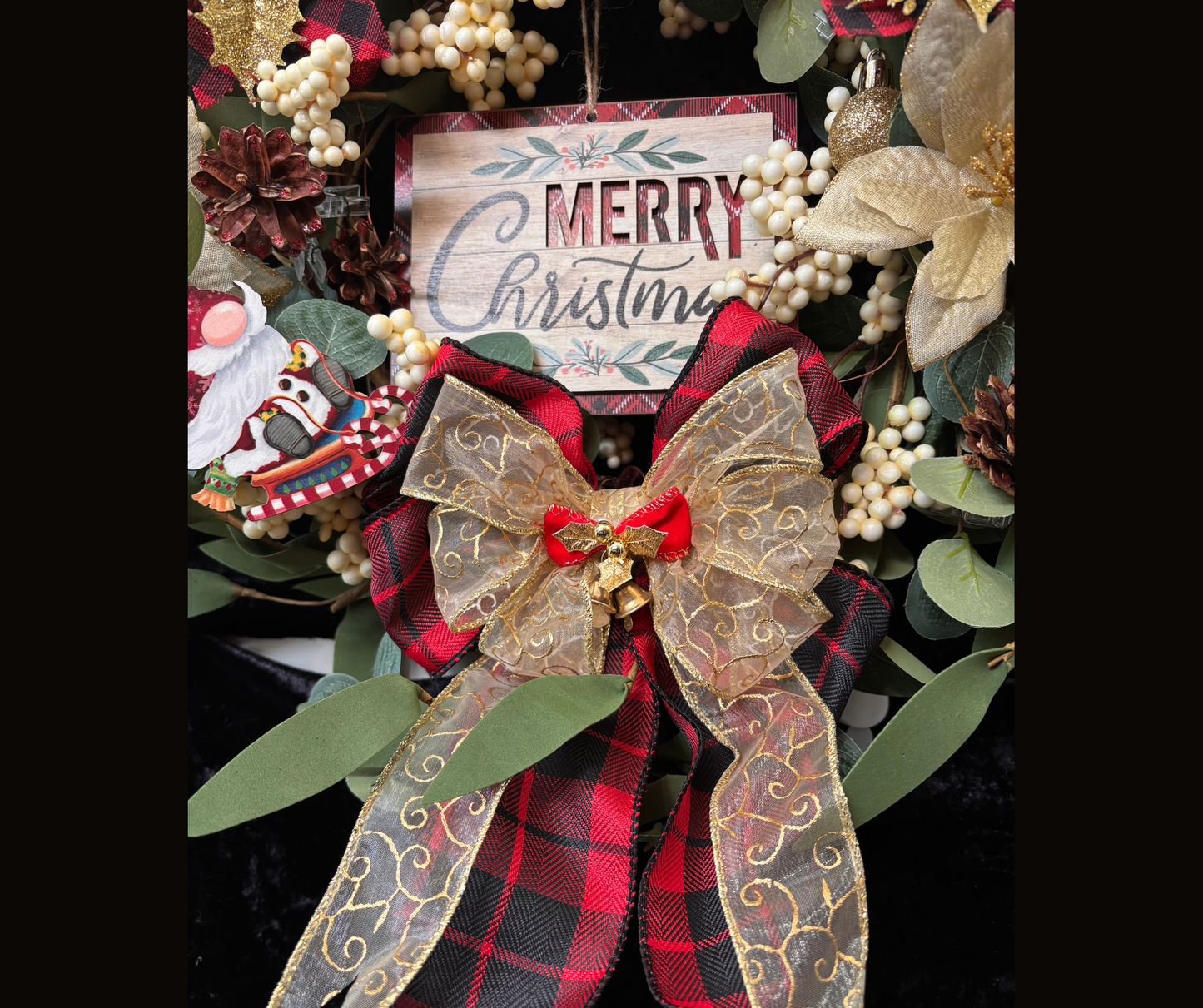 Christmas Interchangeable DIY Wreath Kit – Removable Ornament Clips, Matching Buffalo Plaid Bow, Gold/Red Plaid Poinsettias & Space-Saving Year-Round Design