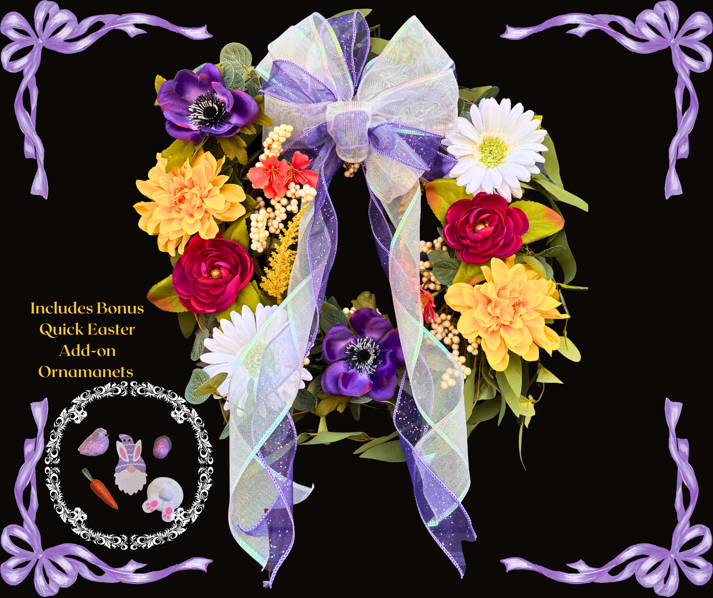 Speedy DIY Flower Wreath Kit Featuring Huge Double Layer Bow with Bonus Easter Decorations