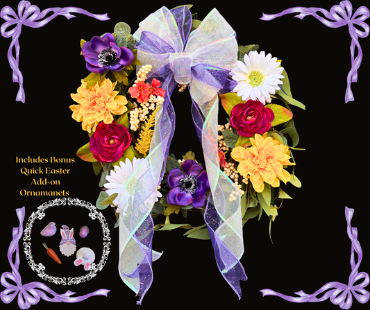 Speedy DIY Flower Wreath Kit Featuring Huge Double Layer Bow with Bonus Easter Decorations