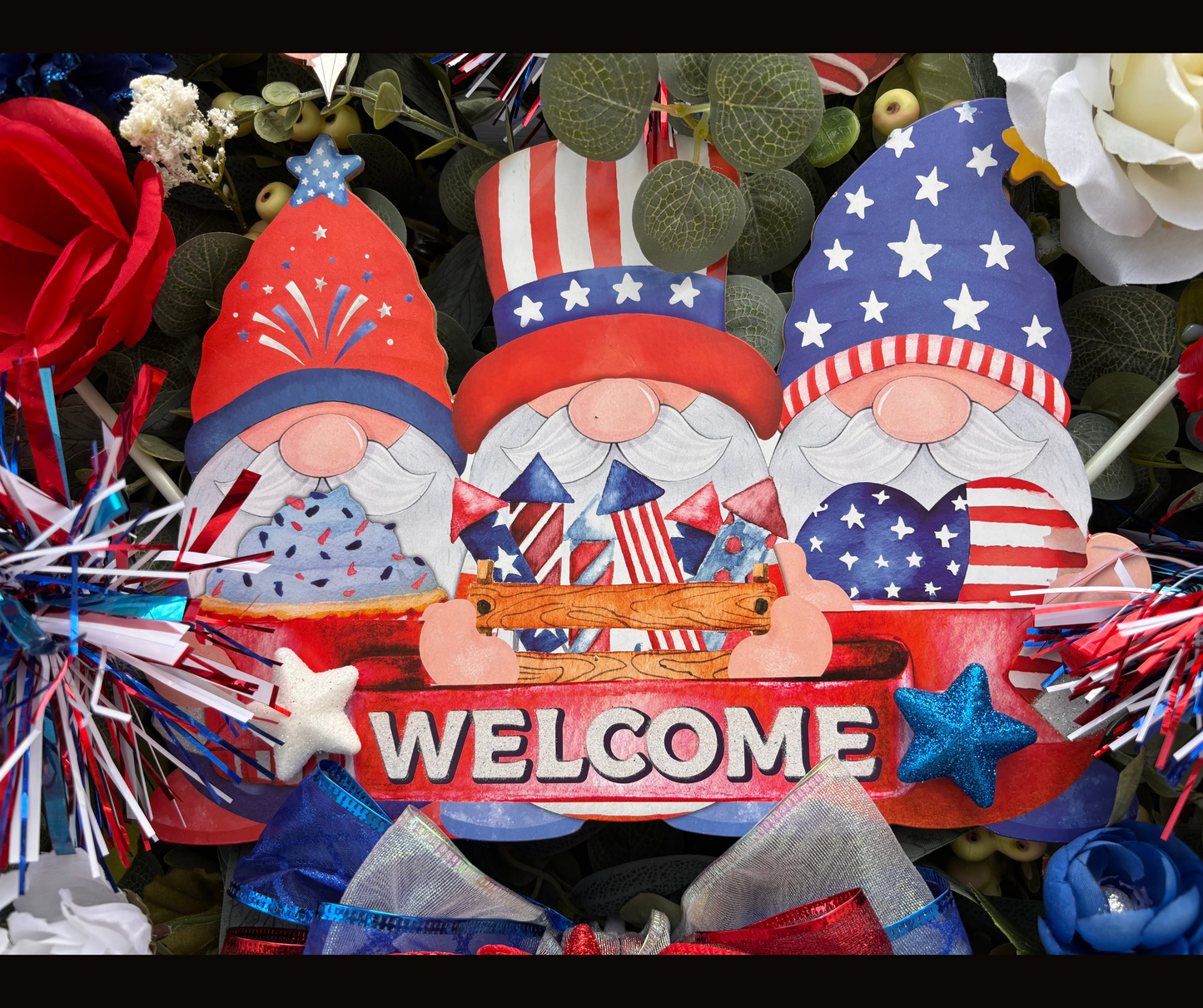 Custom Order Large Patriotic 4th of July American Front Door Wreath with Gnomes & USA Flags