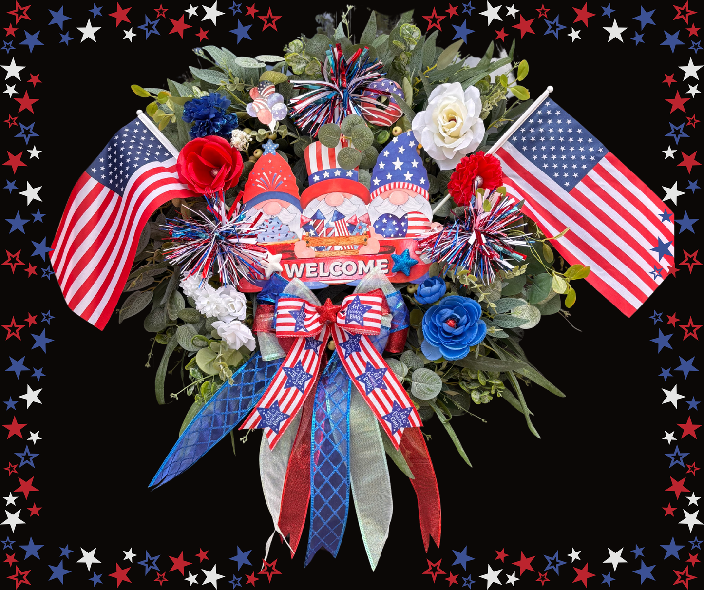 Custom Order Large Patriotic 4th of July American Front Door Wreath with Gnomes & USA Flags
