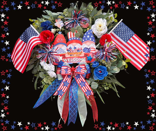 Custom Order Large Patriotic 4th of July American Front Door Wreath with Gnomes & USA Flags