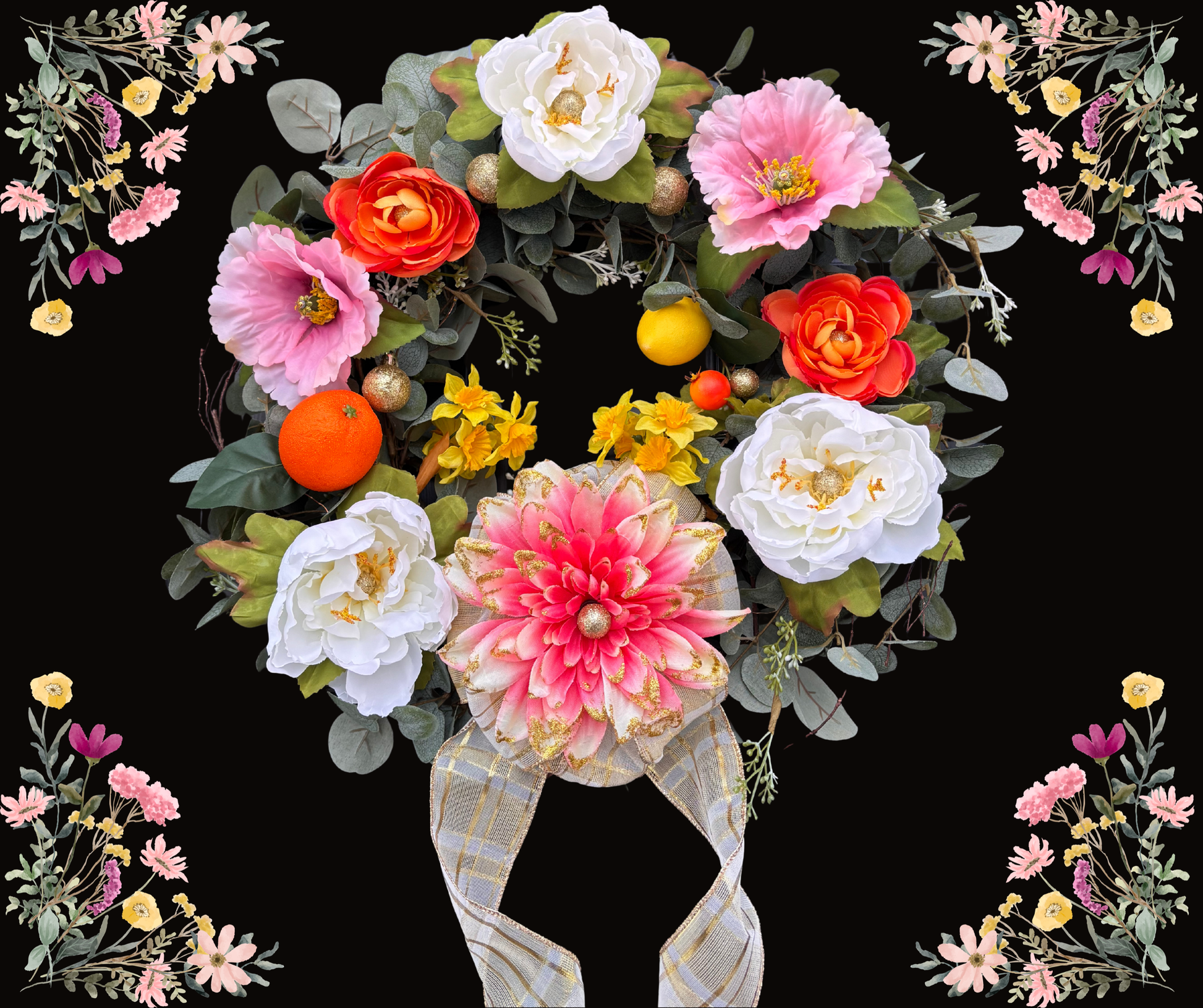 Floral wreath with colorful flower clips, interchangeable magnetic centerpiece flower bow and fruits on a black background