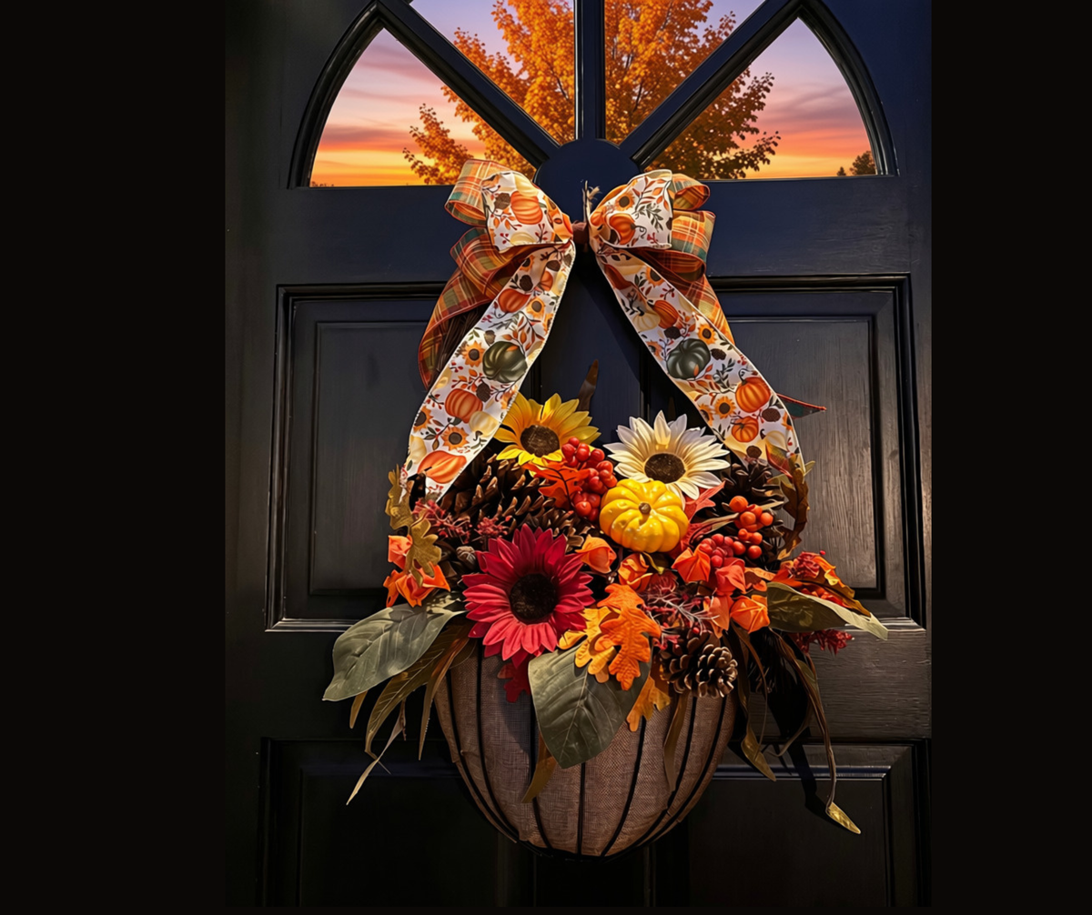 Fall basket with sunflowers, berries, and pinecones hanging on a dark front door at sunset