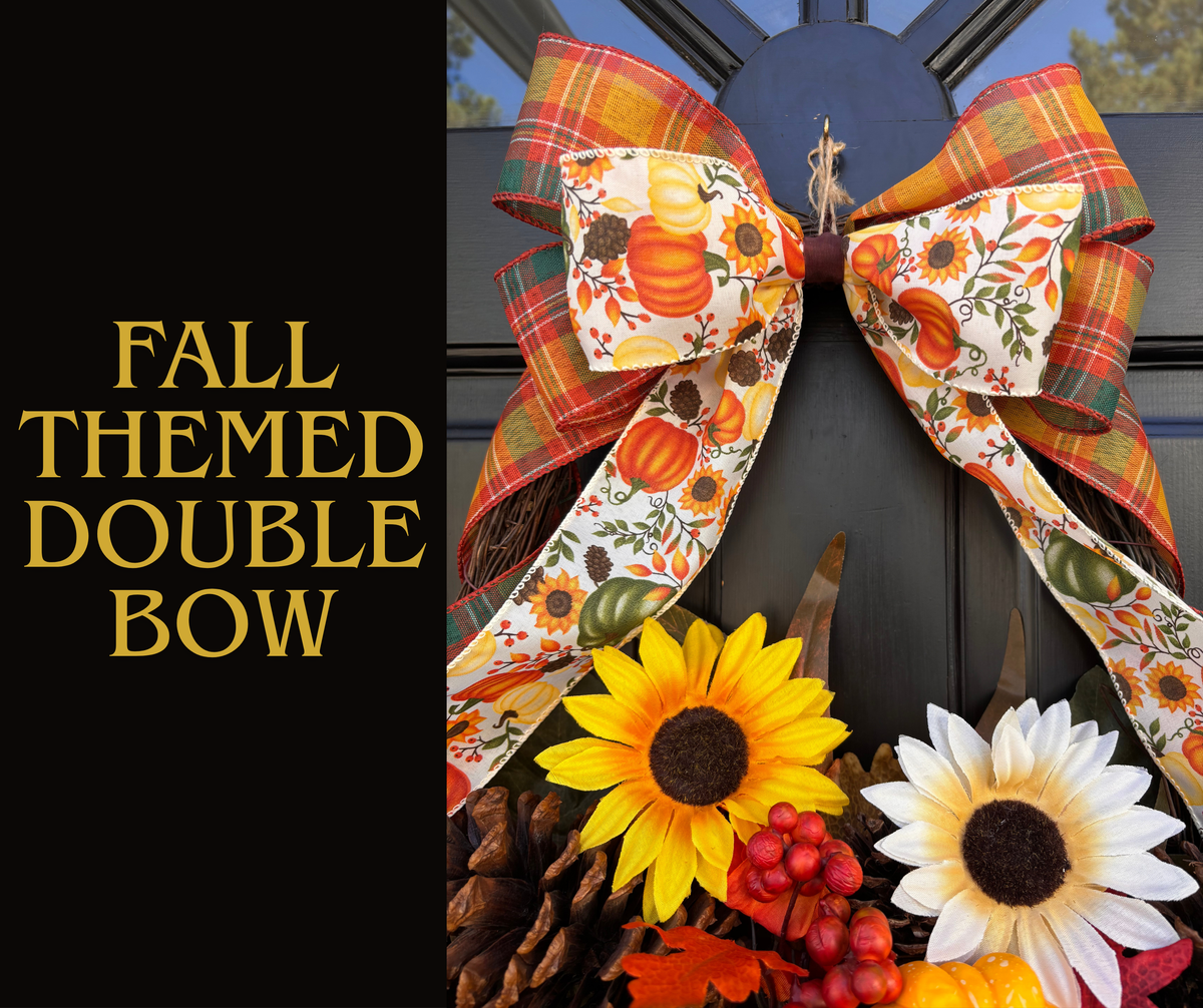 Close-up of the layered plaid and pumpkin-print double bow with sunflowers on the fall basket decor