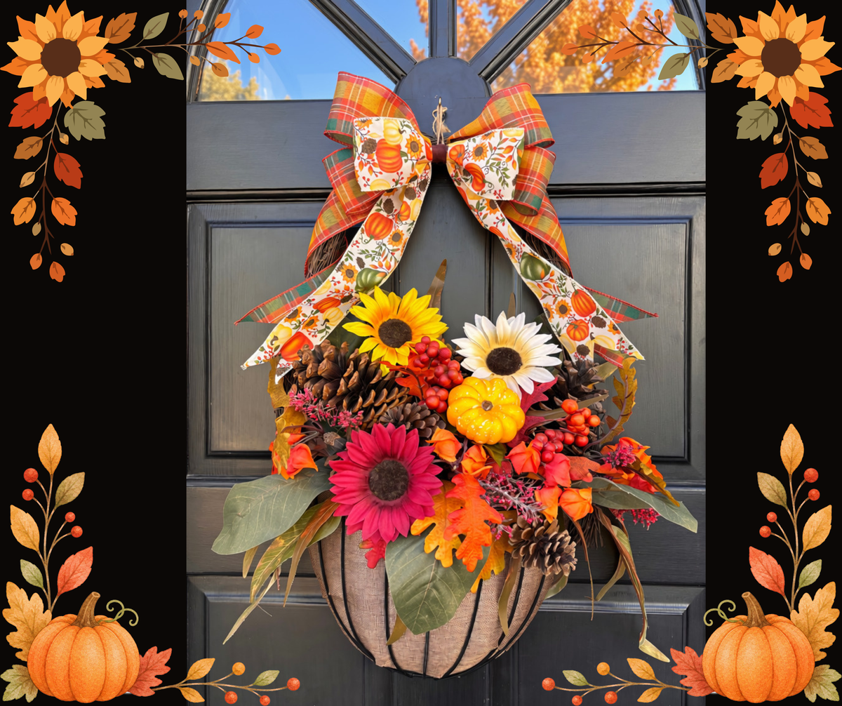 Fall basket door decor with sunflowers, pinecones, a pumpkin, and a layered harvest bow on a dark front door