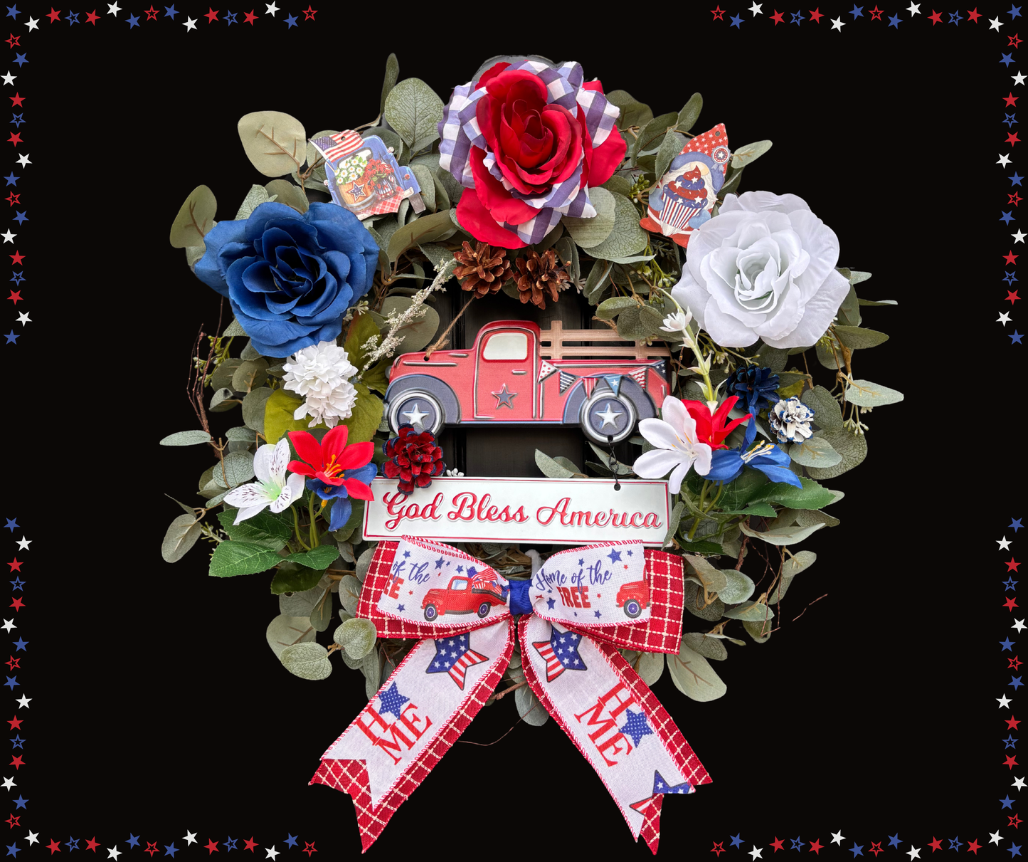 Patriotic Interchangeable Wreath Kit – Ready Made American Truck Wreath Décor with Red White & Blue Floral Accents