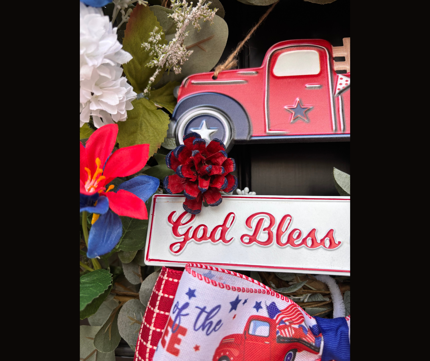Patriotic Interchangeable Wreath Kit – Ready Made American Truck Wreath Décor with Red White & Blue Floral Accents