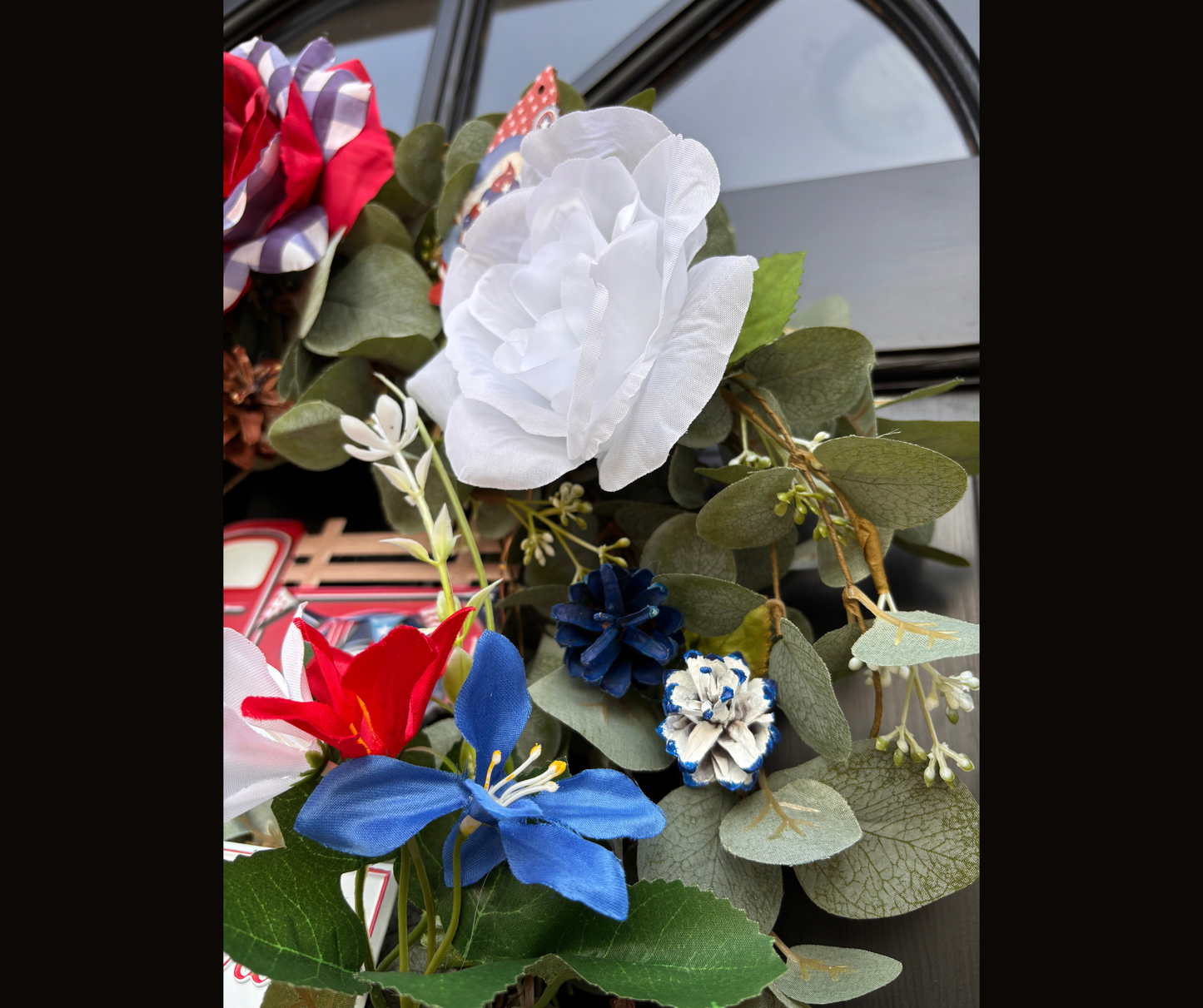 Patriotic Interchangeable Wreath Kit – Ready Made American Truck Wreath Décor with Red White & Blue Floral Accents