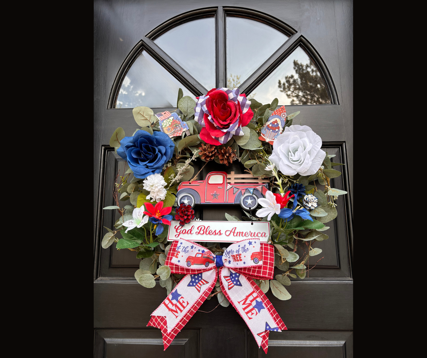 Patriotic Interchangeable Wreath Kit – Ready Made American Truck Wreath Décor with Red White & Blue Floral Accents