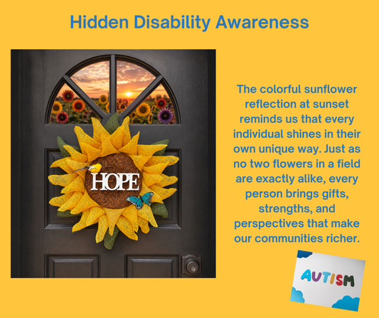 Handmade HOPE Sunflower Wreath ~ Autism Awareness & Hidden Disability Front Door Decor ~ Inspirational Burlap Wreath