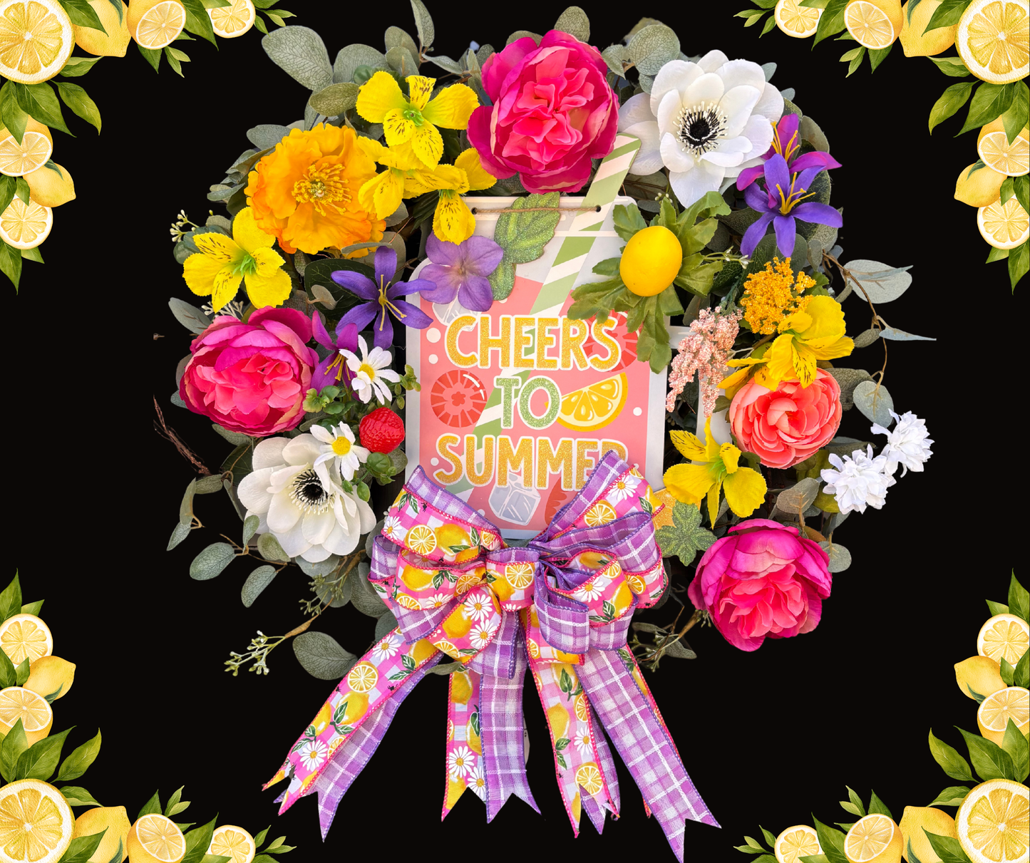 Cheers to Summer! Ready Made Interchangeable Wreath Kit | Lemon, Strawberry & Floral Seasonal Door Decor