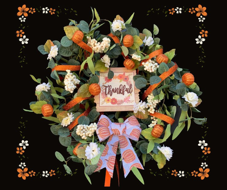 Thankful For Fall Wreath Kit With Glitter Pumpkins & Ribbon