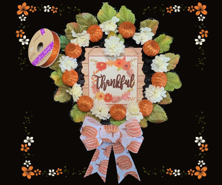 Thankful For Fall Wreath Kit With Glitter Pumpkins & Ribbon