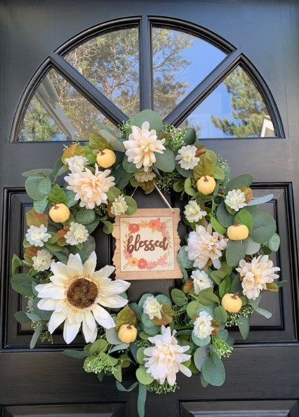 Blessed Antique White Multi-Flower with Pumpkins Wreath Kit