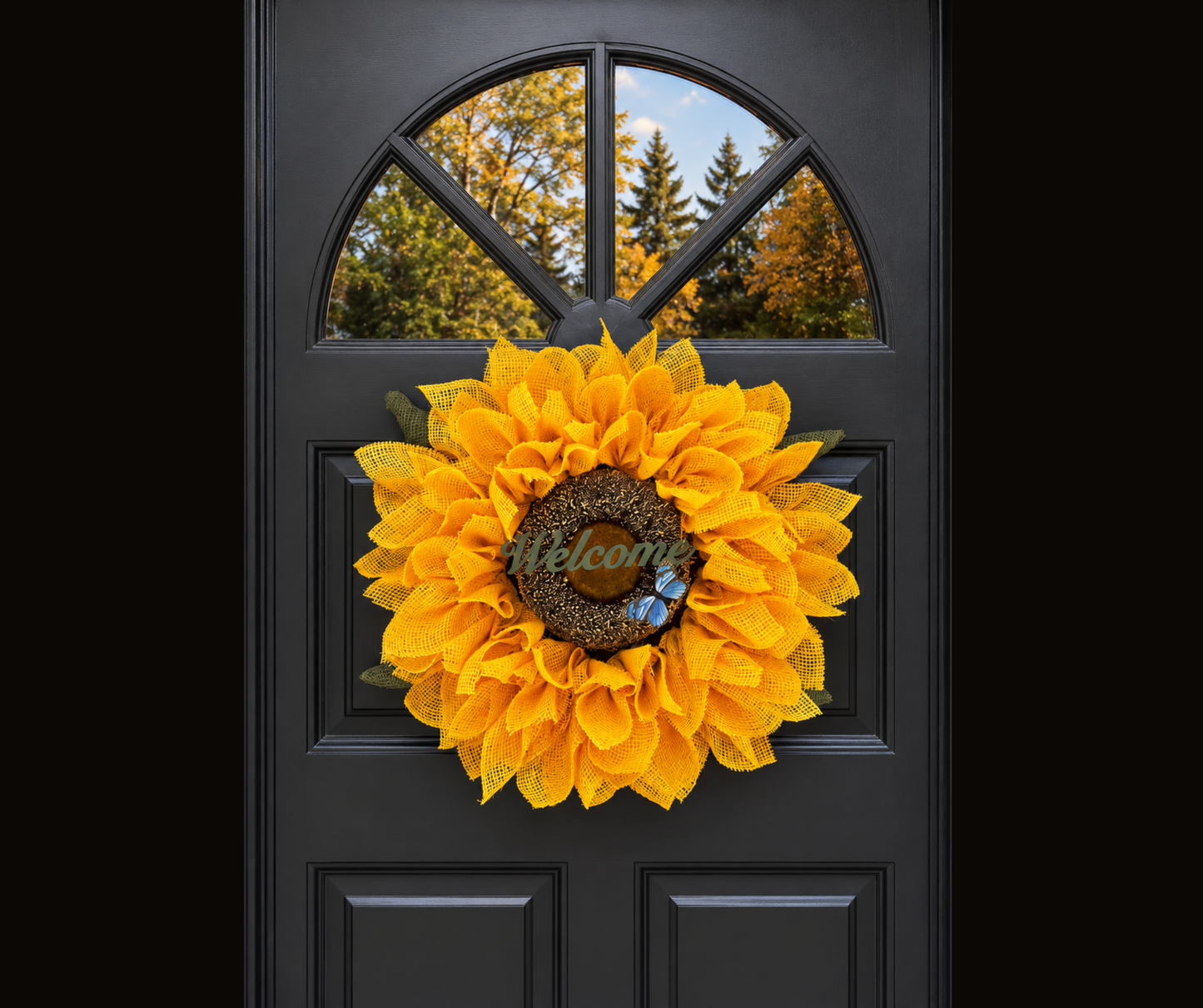 Luxury Yellow Burlap Sunflower Welcome Wreath With Attached Butterfly
