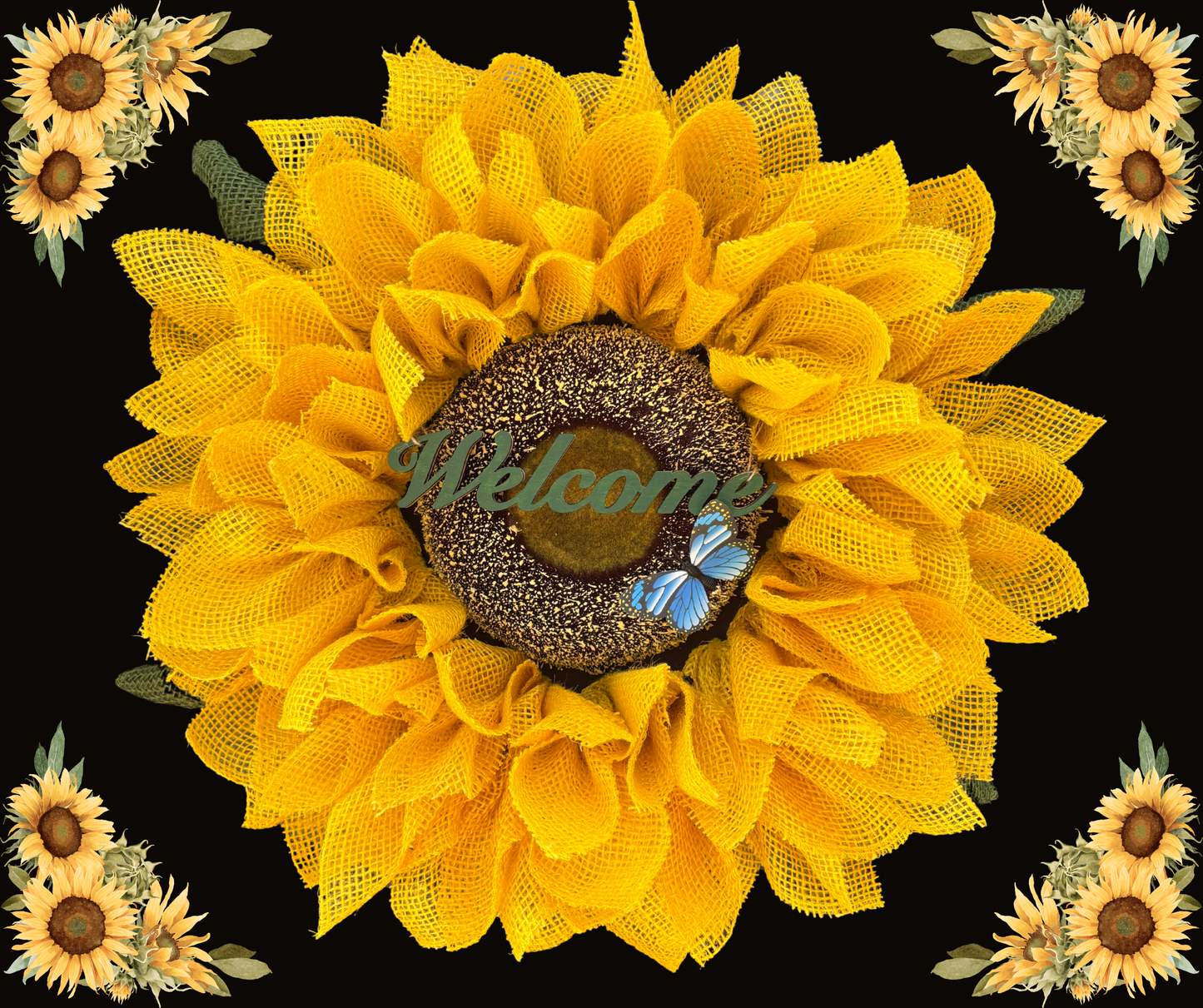 Luxury Yellow Burlap Sunflower Welcome Wreath With Attached Butterfly
