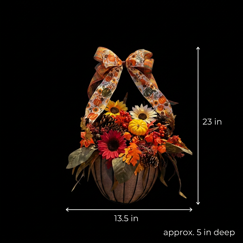 Fall basket dimensions graphic on a black background with white labels: 23 in tall, 13.5 in wide, approx. 5 in deep