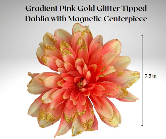 Gradient Pink Gold Glitter Tipped Dahlia with Magnetic Centerpiece