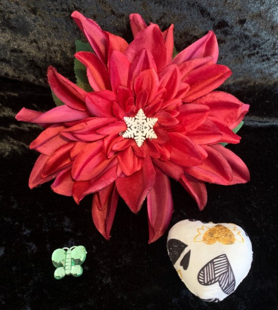 Red Dahlia With Interchangeable Magnetic Centers Featuring Valentines, Winter and Spring