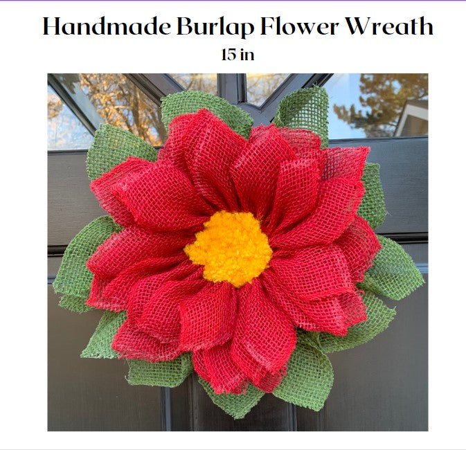 Handmade Burlap Red Flower Wreath 15 inch