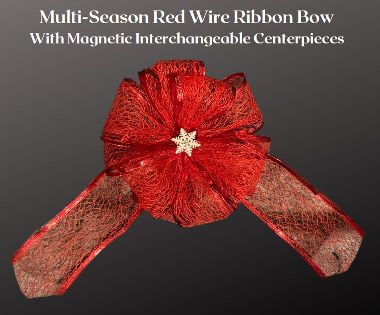 Multi-Season Red Wire Ribbon Bow 7 inch ball with 6 inch tails